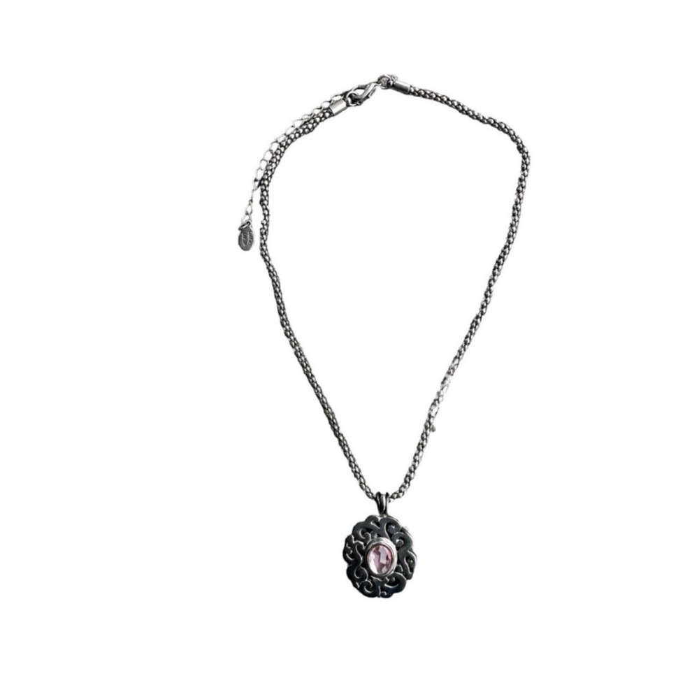 Cookie Lee Necklace Jewlery Pink Stone Floral Scroll Pendant Silver Tone